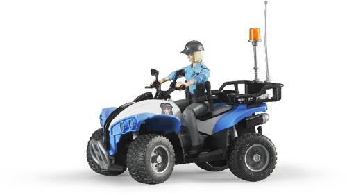 Spielzeug-Quad-Bike mit Figur in Polizeiuniform und Helm. Fahrzeug in Blau-Weiß mit blinkendem Orange-Licht auf der Rückseite.