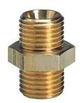 Kleiner, goldfarbener Messing-Adapter mit Außengewinde an beiden Enden, geeignet für die Verbindung von Rohren oder Schläuchen.