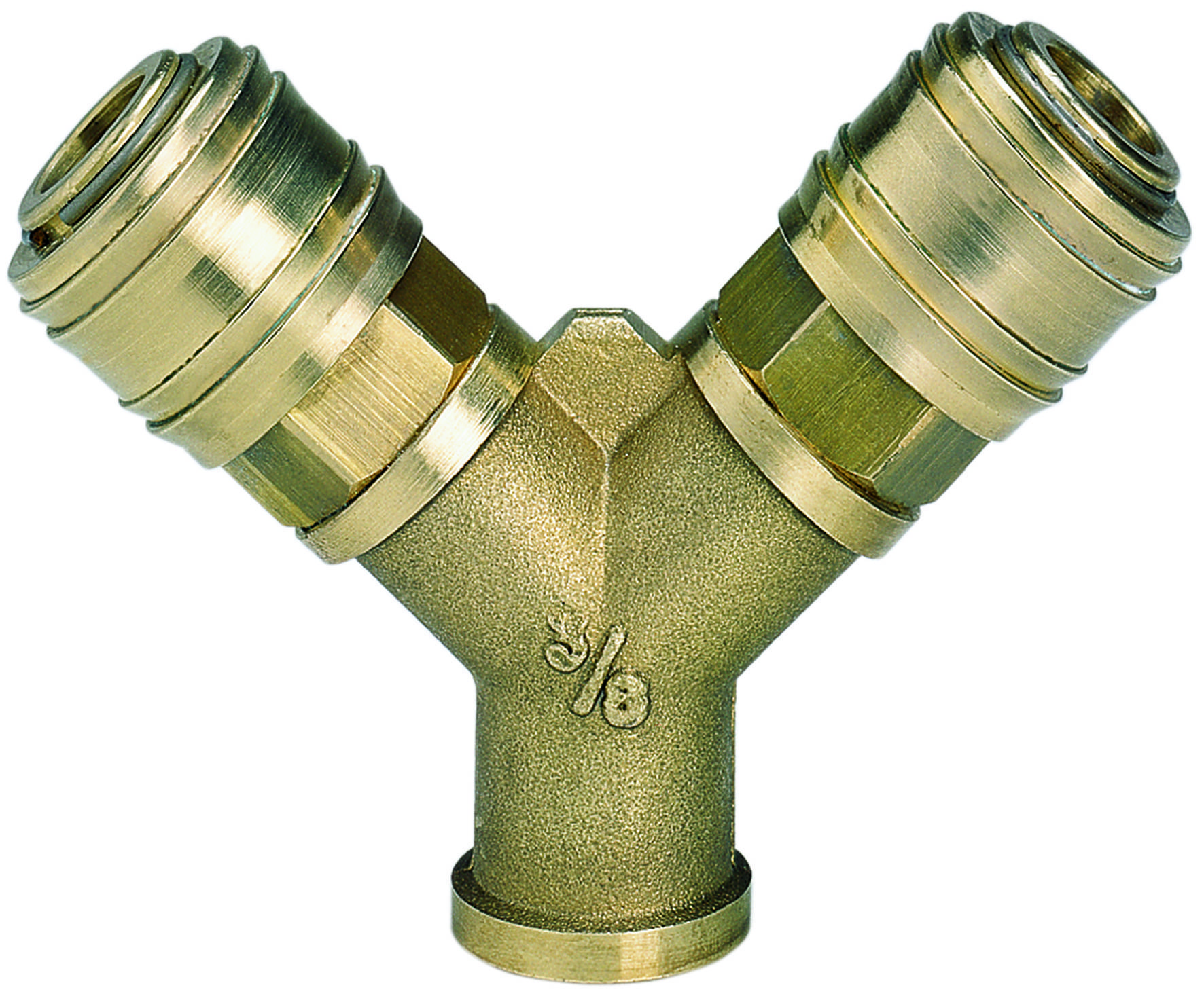 Ein Messing-Y-Verbindungsstück mit zwei Anschlüssen für Rohre. Geeignet für Verzweigungen in einem Leitungssystem.