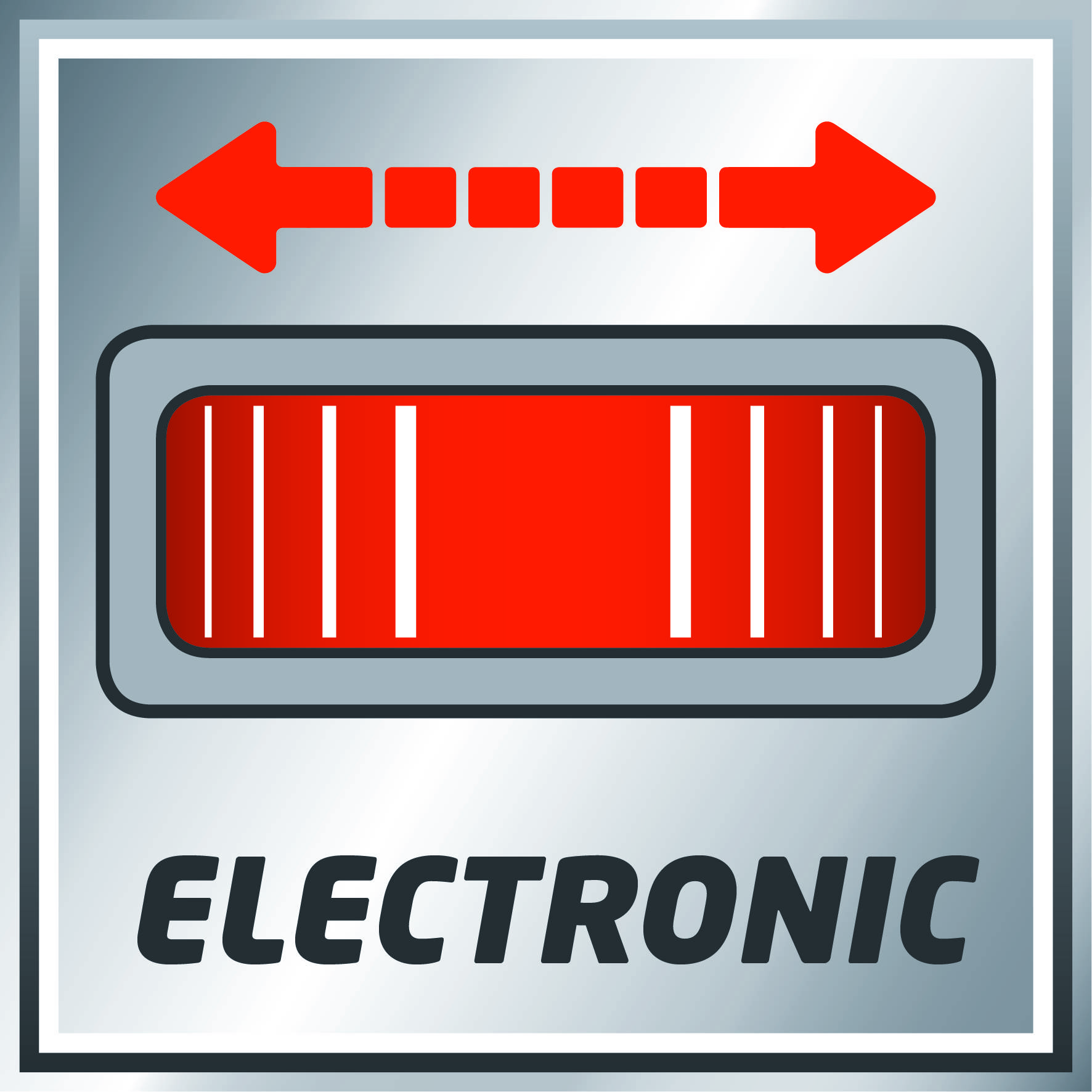 Schild mit rotem symbolisierten Barcode, Doppelpfeil darüber zeigt nach links und rechts. Darunter steht “ELECTRONIC”.
