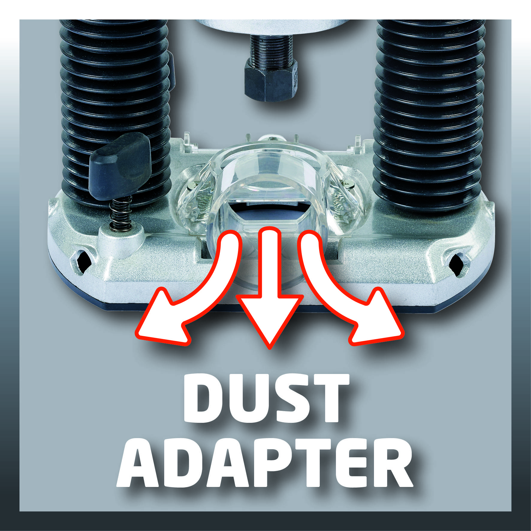 Oberfräsenzubehör mit Staubadapter und zwei flexiblen Schläuchen. Text 'Dust Adapter' hebt die Funktion des Produkts hervor.