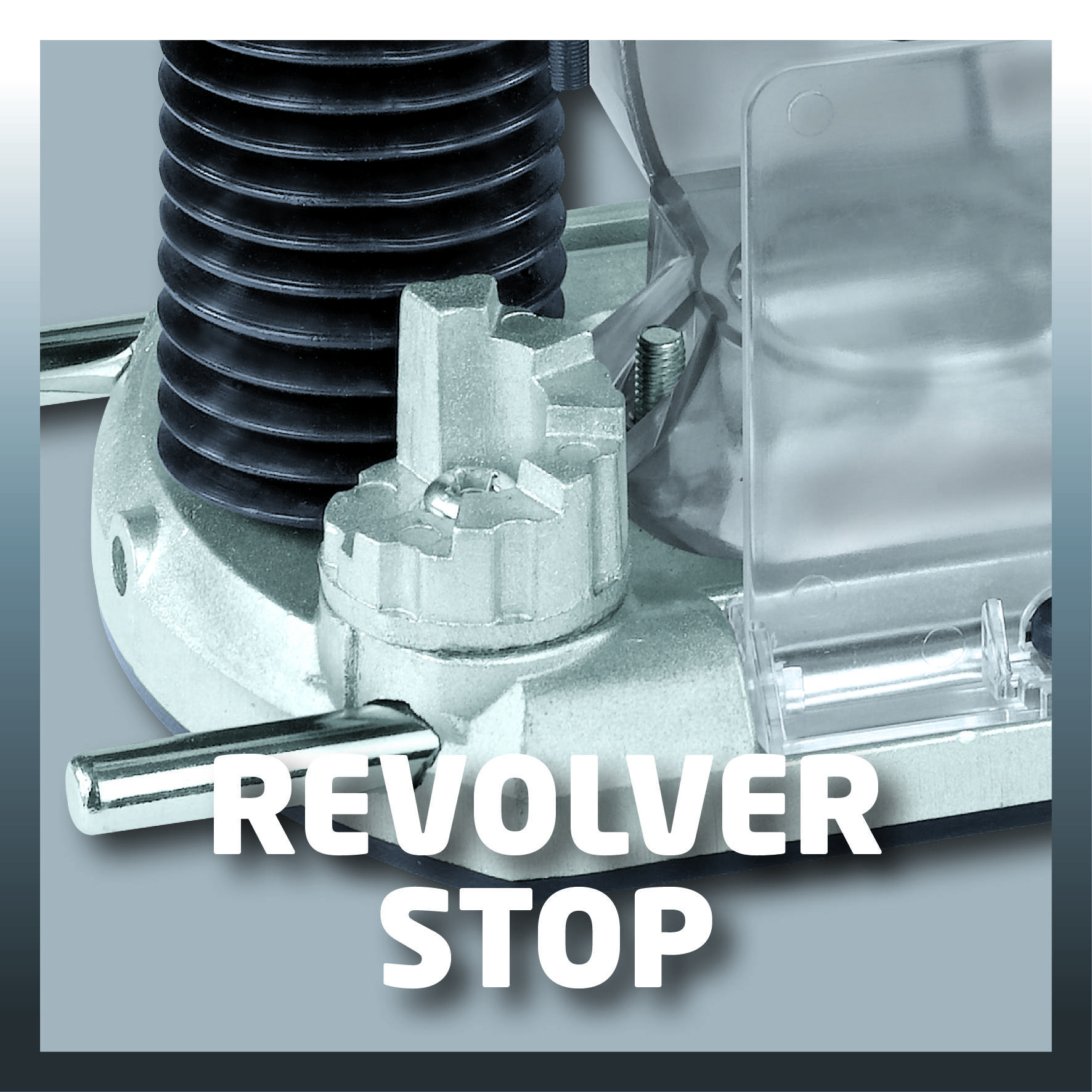 Nahaufnahme eines Metall-Revolverstops mit geriffelter Oberfläche und Schraube, umgeben von einem transparenteren Kunststoffteil.