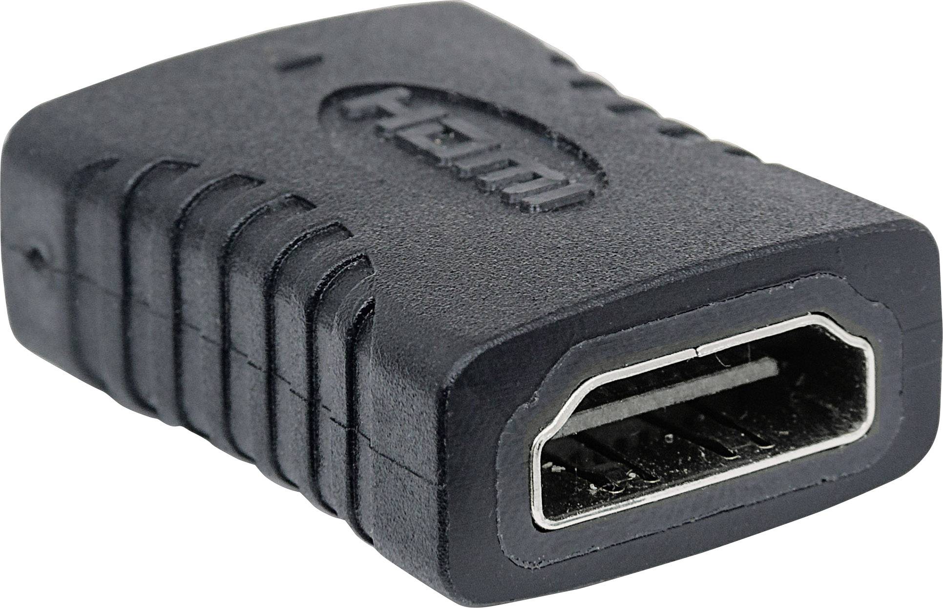 Ein schwarzer HDMI-Adapter mit einem Anschluss, der zur Verbindung von zwei HDMI-Kabeln dient, liegt auf einem weißen Hintergrund.