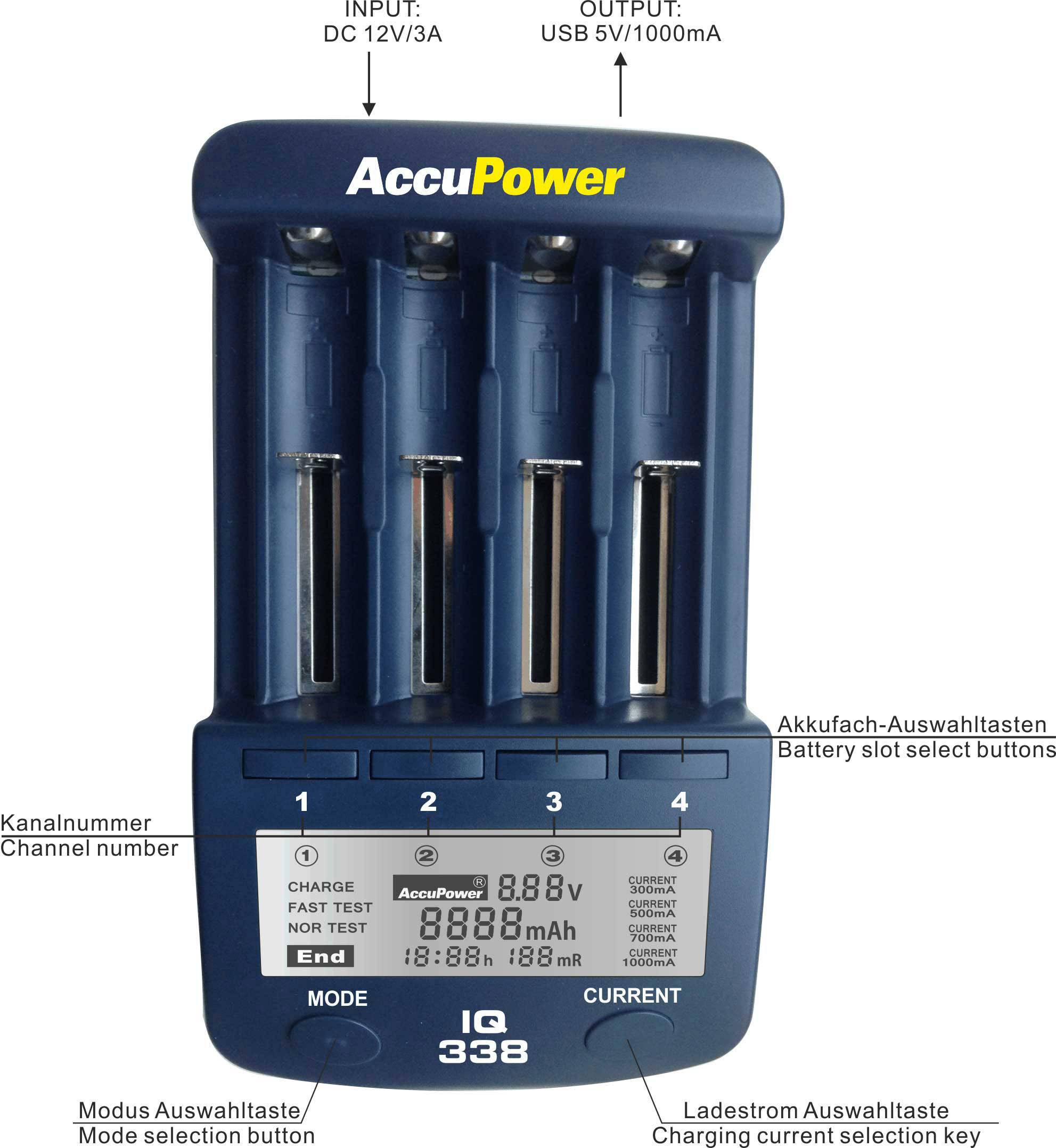 AccuPower IQ338 Rundzellen-Ladegerät NiCd, NiMH, LiIon 10340, 10350, 10440, 10500, 12500, 12650, 13500, 13650, 14500, 14650, 16340, 16650, 17335
