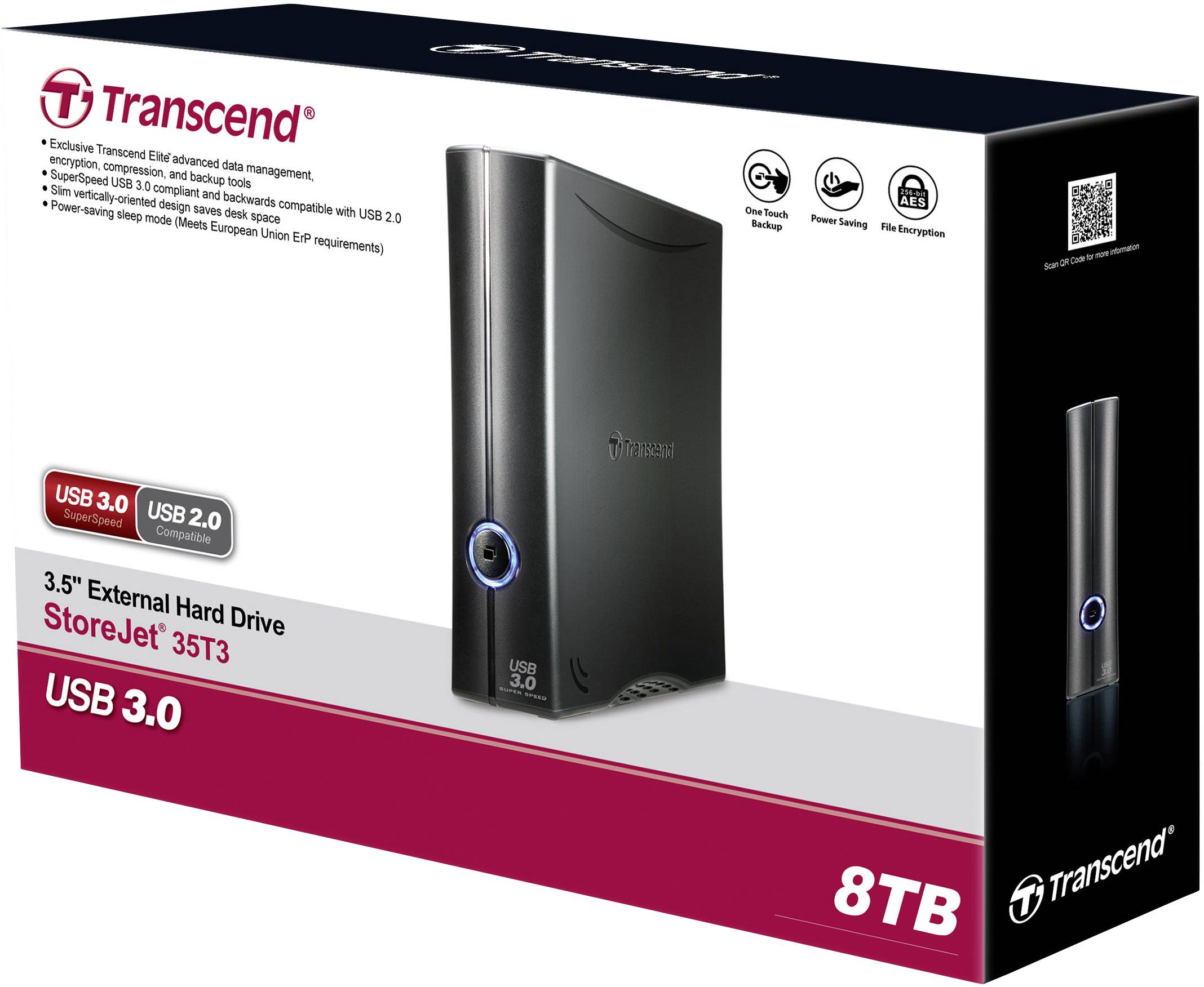 Externe Festplatte 'Transcend StoreJet 35T3', 8 TB Speicherkapazität, USB 3.0, Abbildung der Verpackung mit Produktfoto und Spezifikationen.