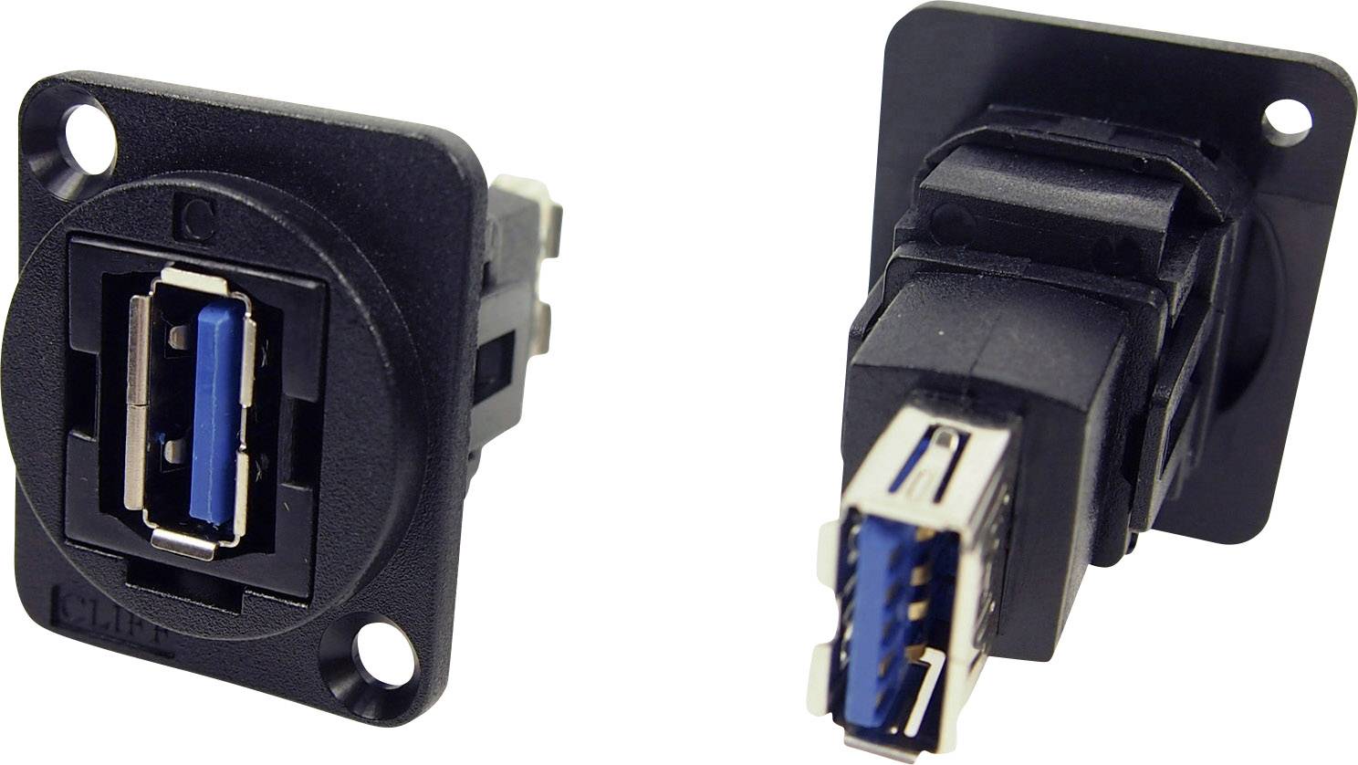Zwei abgewinkelte USB 3.0-Buchsen, jeweils in schwarzer Halterung, zeigen die blaue Innenseite der Ports. Geeignet für Datenverbindungen.
