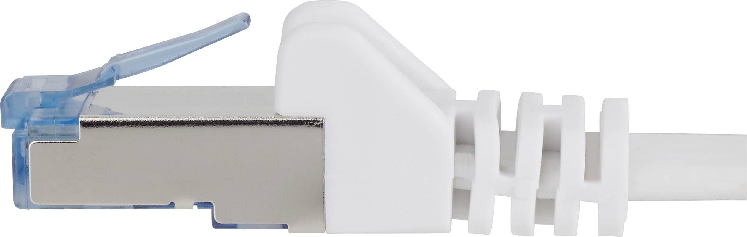 Ein weißes Ethernet-Kabel mit Metallstecker und blauer Klemme zum Verriegeln. Geeignet für Netzwerkverbindungen.