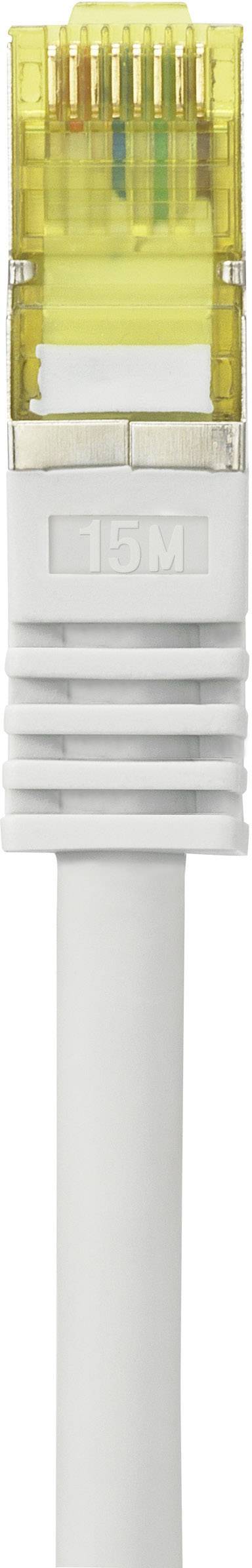 Ein gelbes Ethernet-Kabel mit RJ45-Stecker für Netzwerkverbindungen, Ansicht von vorne.