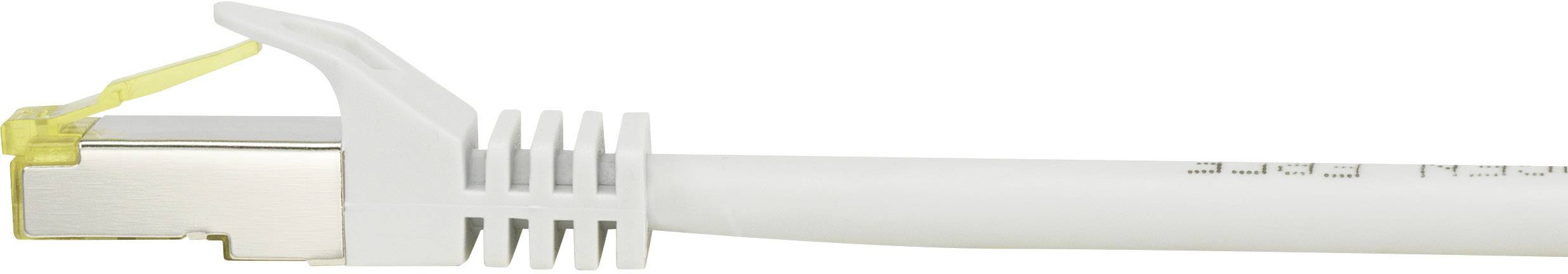 Ein weißes Ethernet-Kabel mit einem gelben Stecker ragt nach rechts. Es wird häufig für Netzwerkverbindungen verwendet.