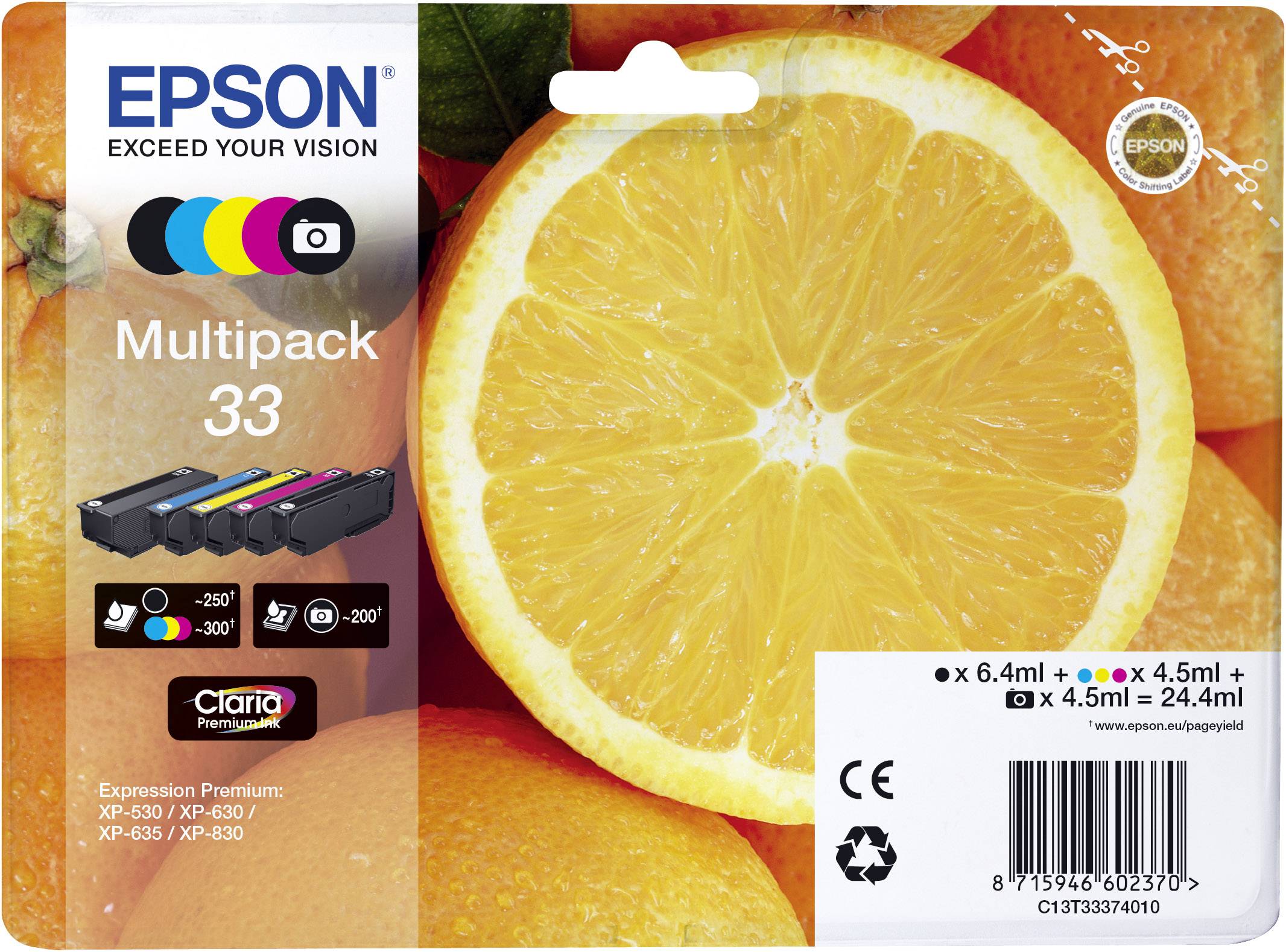 Ein Epson 'Multipack 33' Tintenpatronen-Packung vor einem Hintergrund mit einer aufgeschnittenen Orange.