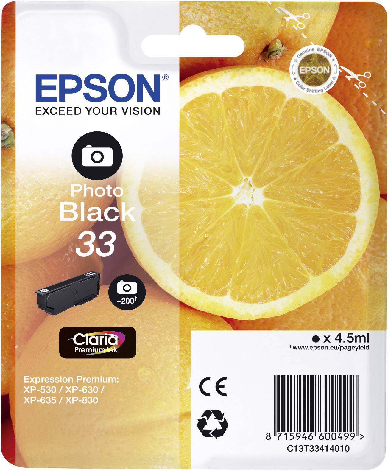 Epson Druckerpatrone T3341, 33 Original Photo Schwarz C13T33414010