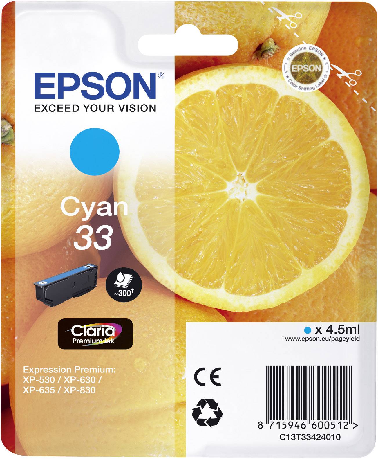 Epson Druckerpatrone T3342, 33 Original Cyan C13T33424010