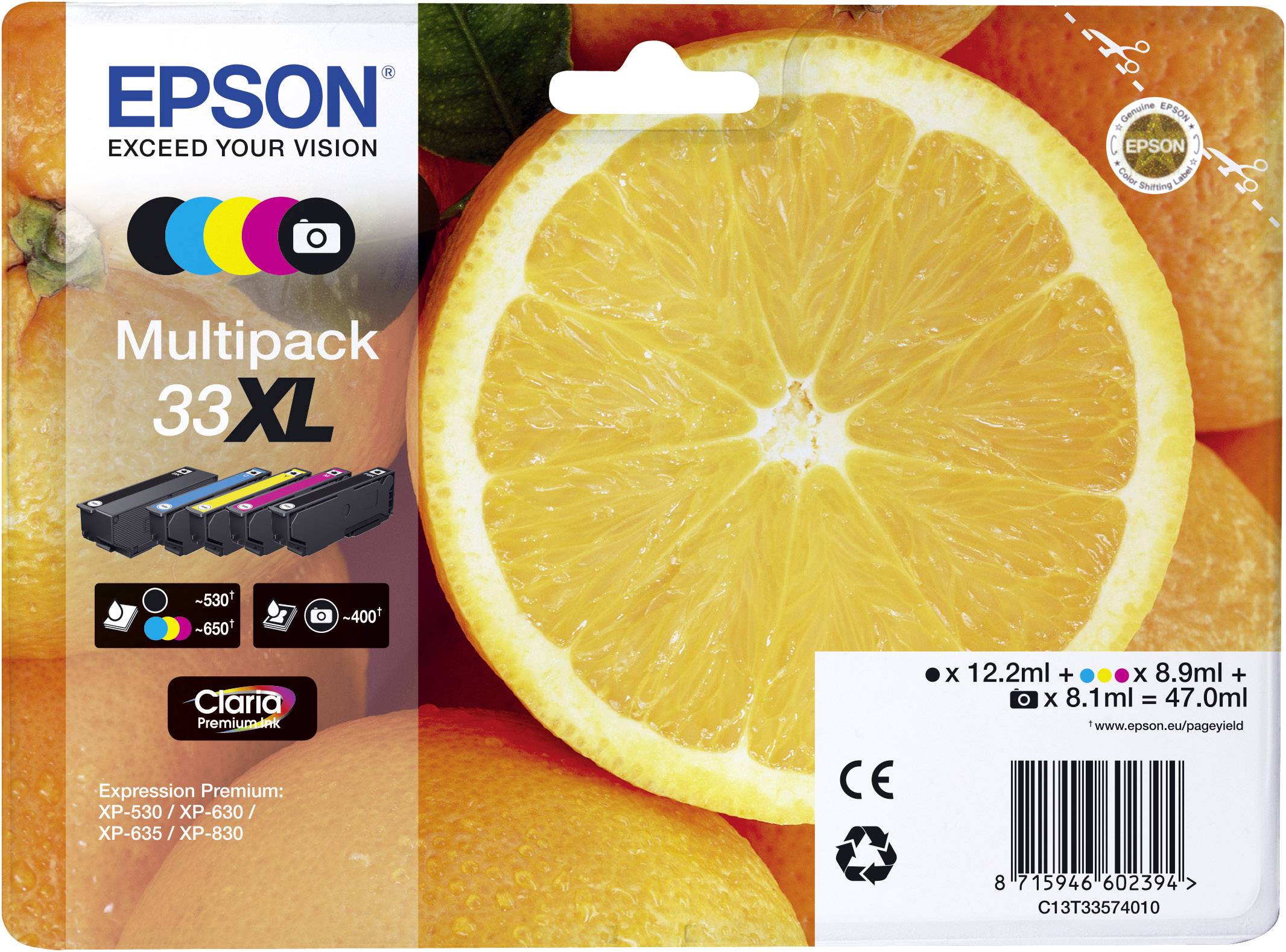 'EPSON Multipack 33XL' Tintenpatronen für Drucker. Zeigt eine große Orangenscheibe als Hauptmotiv, weist auf Farbvielfalt hin.