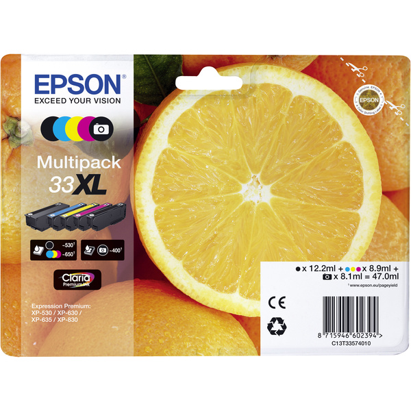 Epson Encre T3357, 33XL d'origine pack bundle noir, noir photo, cyan, magenta, jaune C13T33574011