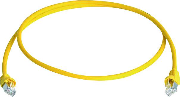 Gelbes Ethernet-Kabel mit zwei RJ45-Steckern an den Enden, oft verwendet für Netzwerkverbindungen in Computern oder Routern.