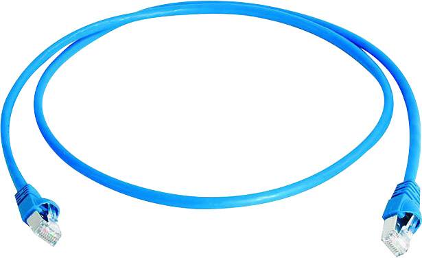 Ein blaues Ethernet-Kabel mit zwei RJ45-Steckern an den Enden, verwendet zur Netzwerkverbindung von Computern und Geräten.