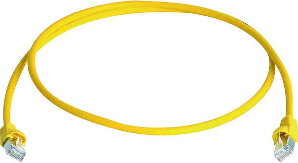 Gelbes Ethernet-Kabel in ovaler Form, beide Enden mit RJ45-Steckern.