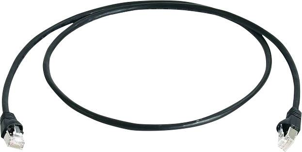 Ein schwarzes Ethernet-Kabel mit zwei RJ-45 Steckern an den Enden, gebogen in einem Kreis.