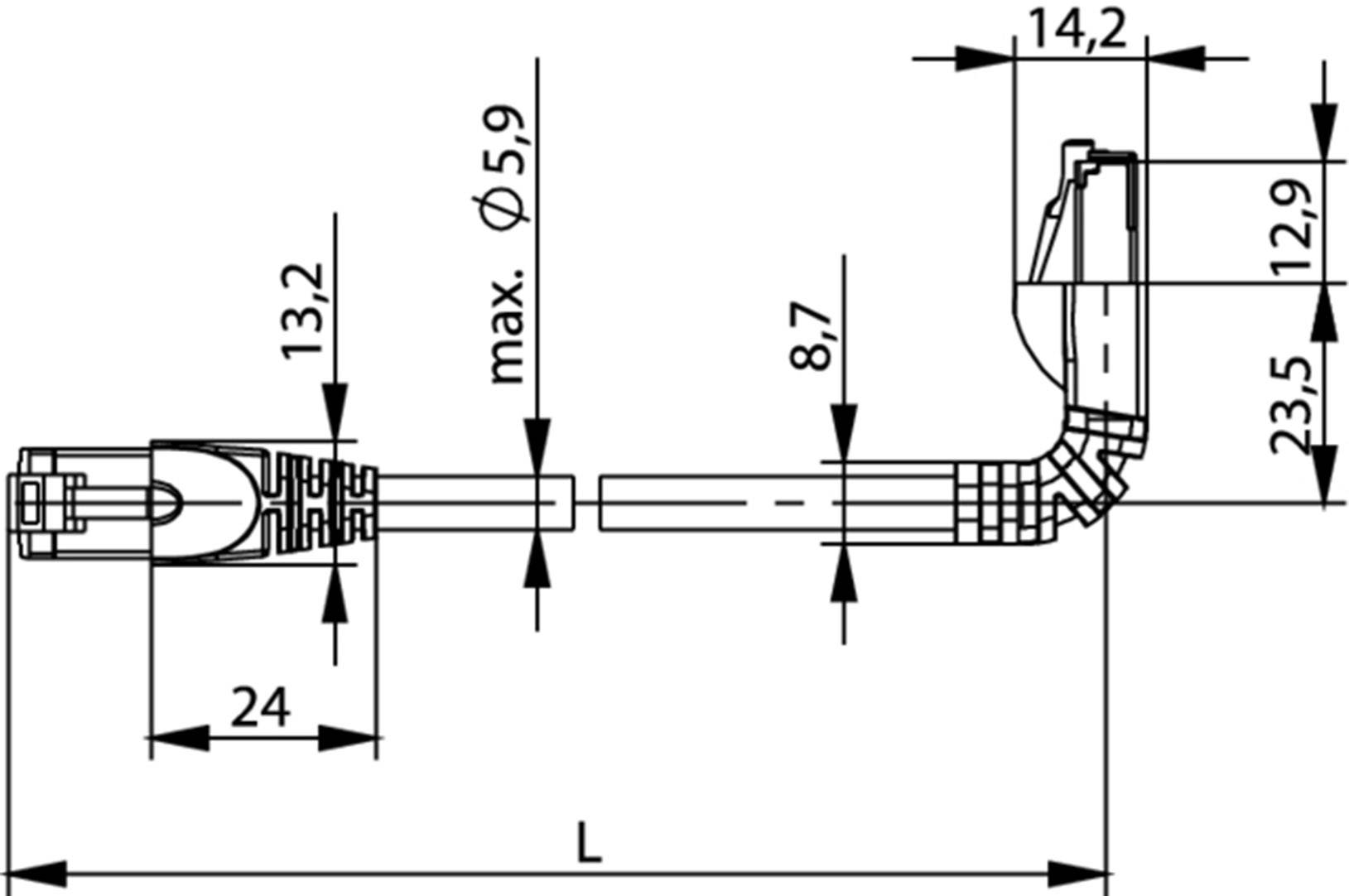 Technische Zeichnung eines Kabels mit detaillierten Maßen. Hauptlängen: 13,2 mm, 24 mm, 8,7 mm. Hinweis: maximaler Durchmesser 5,9 mm.
