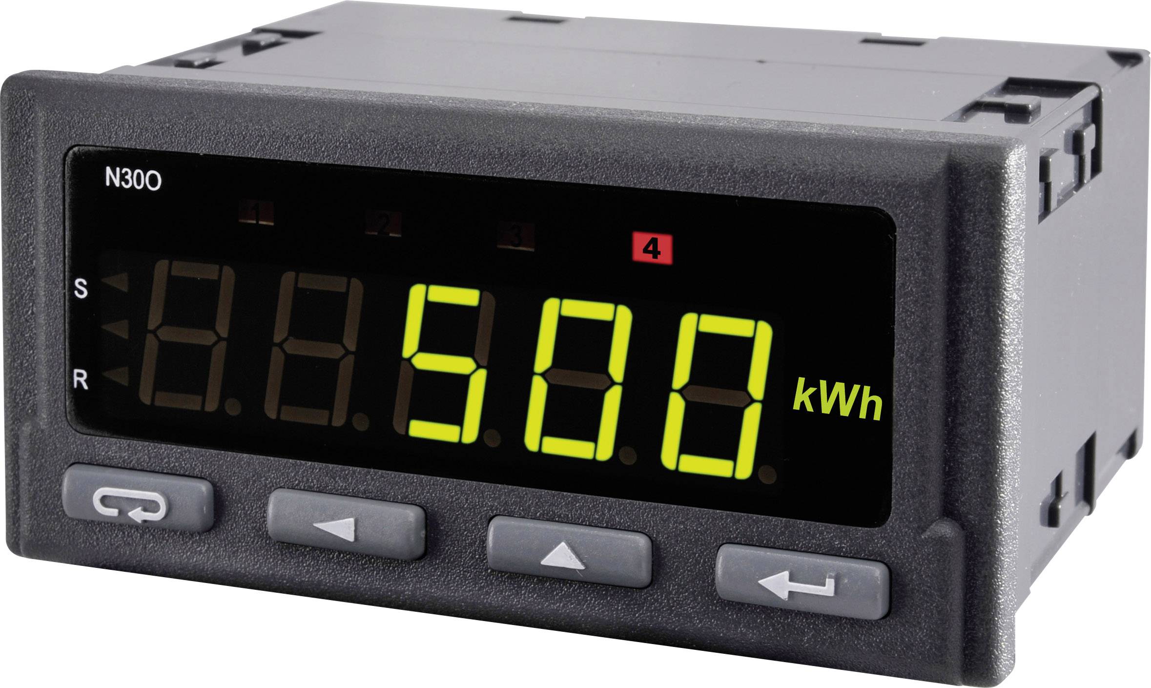 'Digitales Messgerät zeigt 500 kWh.' Ein Gerät mit Tasten auf der Vorderseite zur Überwachung des Energieverbrauchs.