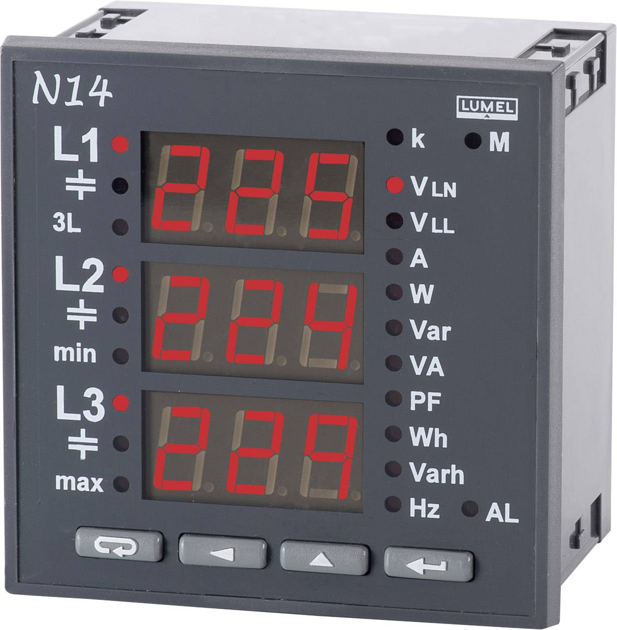 Digitalanzeige mit drei roten LED-Displays, die die Spannungswerte L1, L2 und L3 in Volt anzeigen. Links sind Beschriftungen.