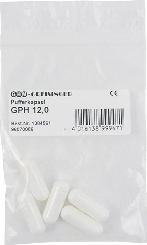 Eine weiße Plastiktüte mit vier weißen Kapseln, beschriftet mit 'Pufferkapsel GPH 12,0'. Auch CE-Kennzeichnung und Bestellnummer sichtbar.