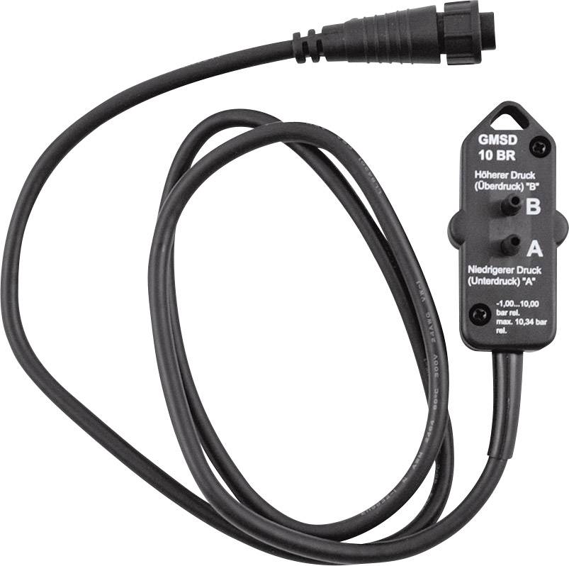 Ein Drucksensor mit Kabel, beschriftet mit 'GMSD 10 BR', zeigt Anschlüsse für Überdruck und Unterdruck. Maximaler Druck: 10,34 bar.