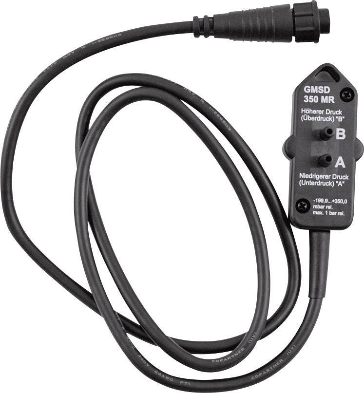 Drucksensor GMSD 350 MR mit zwei Anschlüssen für höheren und niedrigeren Druck, schwarzes Kabel, kompakt, industriell verwendbar.
