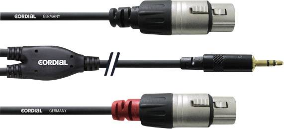 Drei Kabel: oben ein XLR-Stecker, Mitte ein Verteiler von XLR auf 3,5 mm Klinke, unten ein weiteres XLR-Kabel.