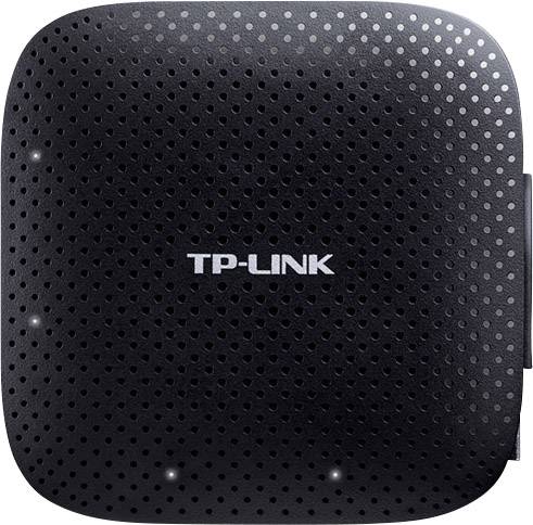 Schwarzer TP-Link WLAN-Repeater mit gelochter Oberfläche zur Verbesserung der Wi-Fi-Abdeckung.