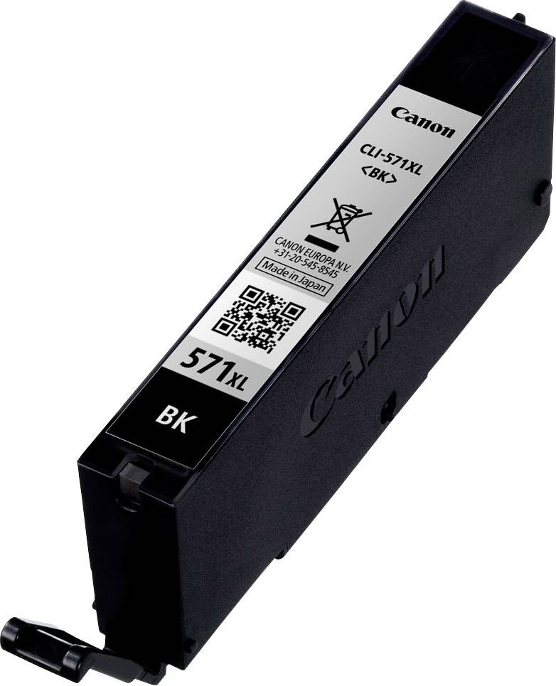 Schwarze Tintenpatrone der Marke Canon, Modell CLI-571XL BK, mit Barcode und Hinweis, nicht im Hausmüll zu entsorgen.