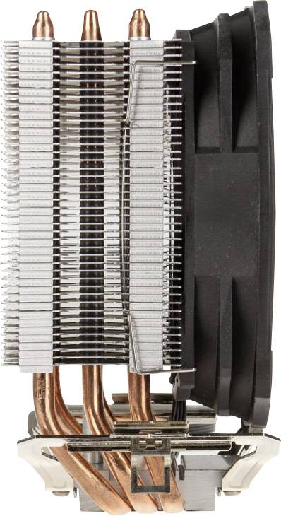 Seitenansicht eines CPU-Kühlers mit mehreren Aluminiumlamellen, drei Kupfer-Heatpipes und einem schwarzen Lüfter.