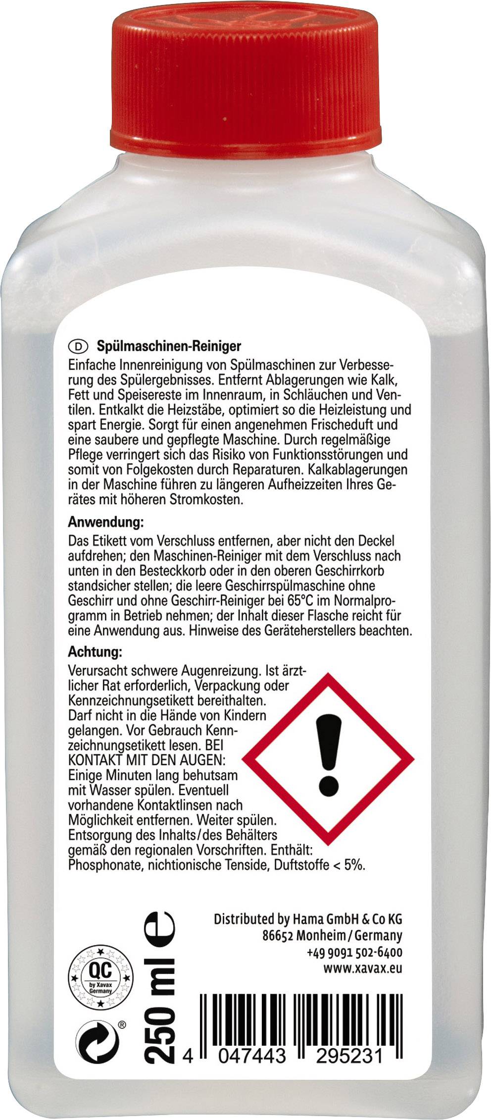 Flasche mit Spülmaschinen-Reiniger. Enthält Anwendungshinweise zur Innenreinigung der Spülmaschine und Warnhinweise. 250 ml.