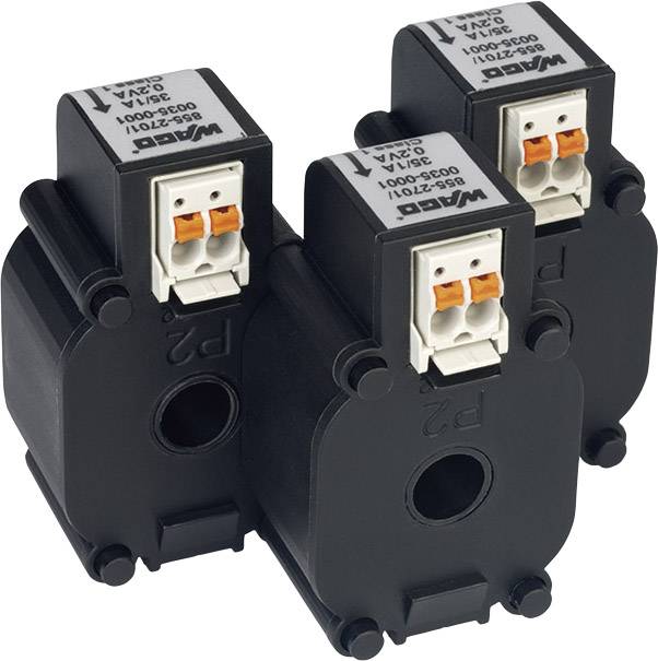 Drei identische schwarze Stromsensoren mit orange-weißen Anschlussklemmen und Beschriftung auf der Oberseite, nebeneinander stehend.