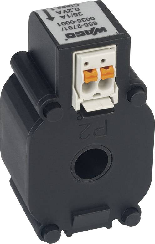 Schwarzer, zylindrischer Stromsensor von WAGO mit zwei orange-weißen Klemmen oben.
