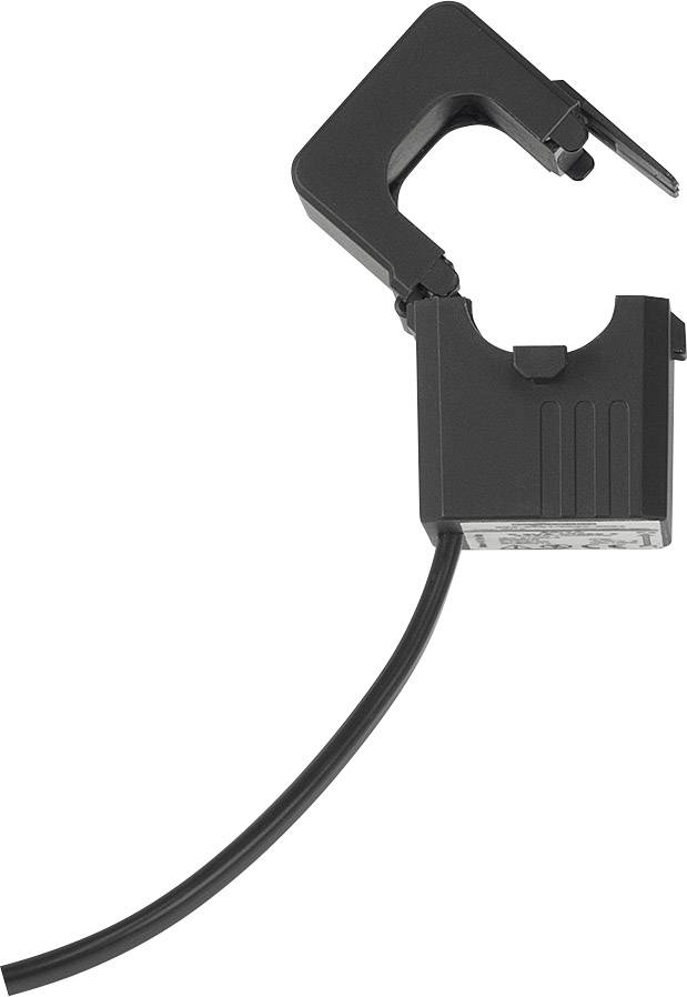 Ein schwarzer Stromwandler mit offenem Klemmmechanismus und Kabel, typisch verwendet zur Messung elektrischen Stroms in Leitungen.