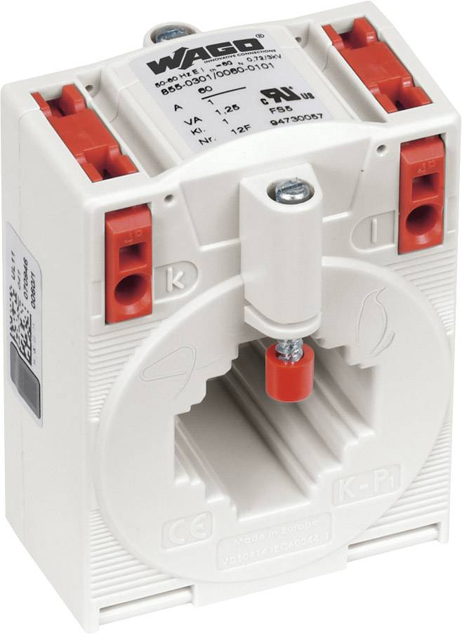 Elektrischer Leistungsschalter von WAGO mit roten und weißen Anschlüssen. Enthält technische Spezifikationen und CE-Kennzeichnung.