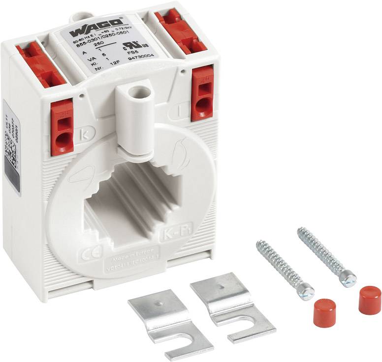 Stromwandler von WAGO mit Anschlussklemmen, Schrauben und Montagezubehör.