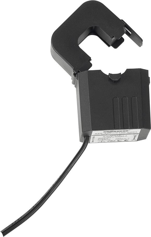 Ein schwarzer Stromwandler mit offenem Klemmmechanismus und Kabelanschluss, zur Messung von elektrischem Strom in Leitungen.
