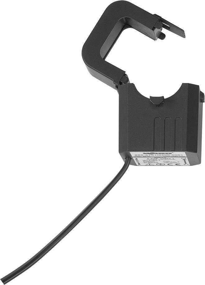 Ein schwarzer elektrischer Stromsensor mit U-förmiger Öffnung und Kabel, zur Messung elektrischer Ströme.