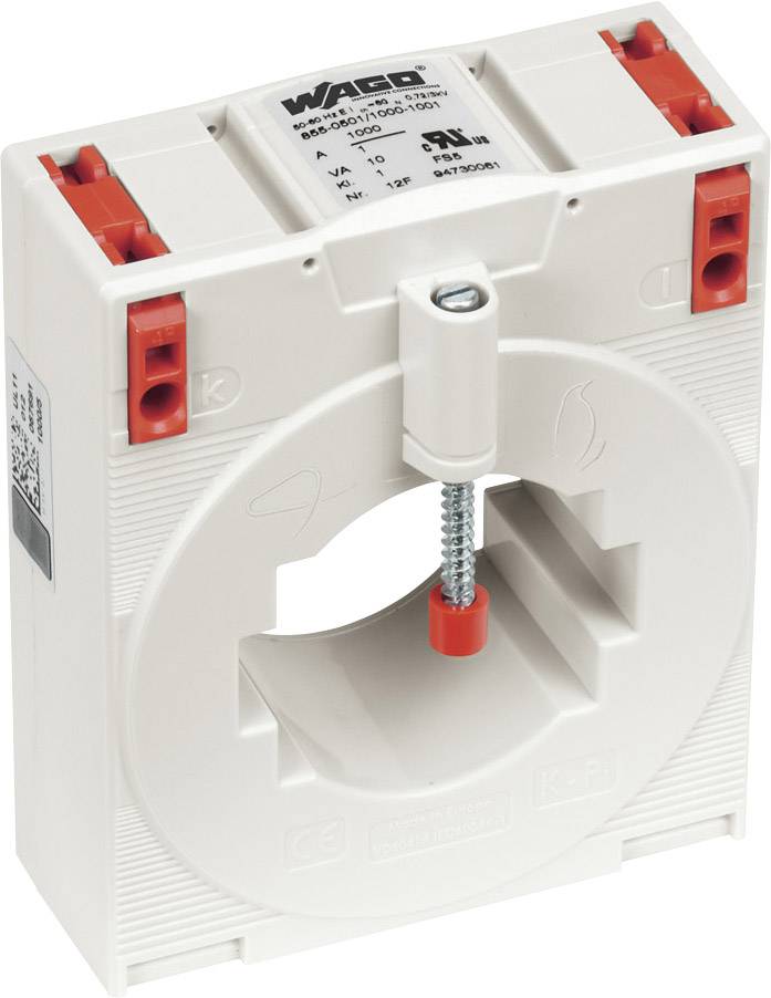 Stromwandler von WAGO, Modellnummer 855-303/060-000. Weißes Gehäuse mit rotem und schwarzem Anschluss.