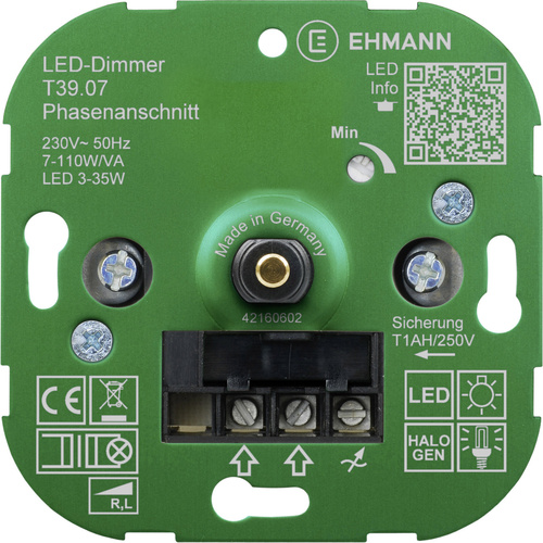 Ehmann 3900x0700 Unterputz Dimmer Geeignet für Leuchtmittel: Energiesparlampe, LED-Lampe, Halogenlampe, Glühlampe