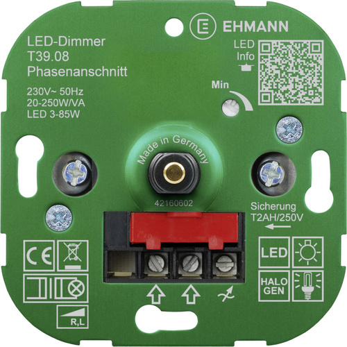 Ehmann 3900x0800 Unterputz Dimmer Geeignet für Leuchtmittel: LED-Lampe, Energiesparlampe, Halogenla