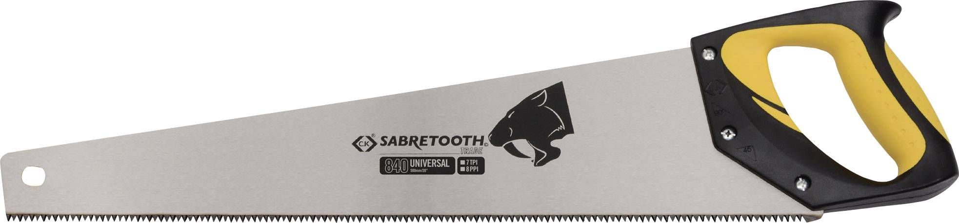Handsäge mit gelbem Griff, Sägeblatt mit Shark-Zahn-Logo und der Aufschrift 'SABRETOOTH'. Geeignet für Holzarbeiten.