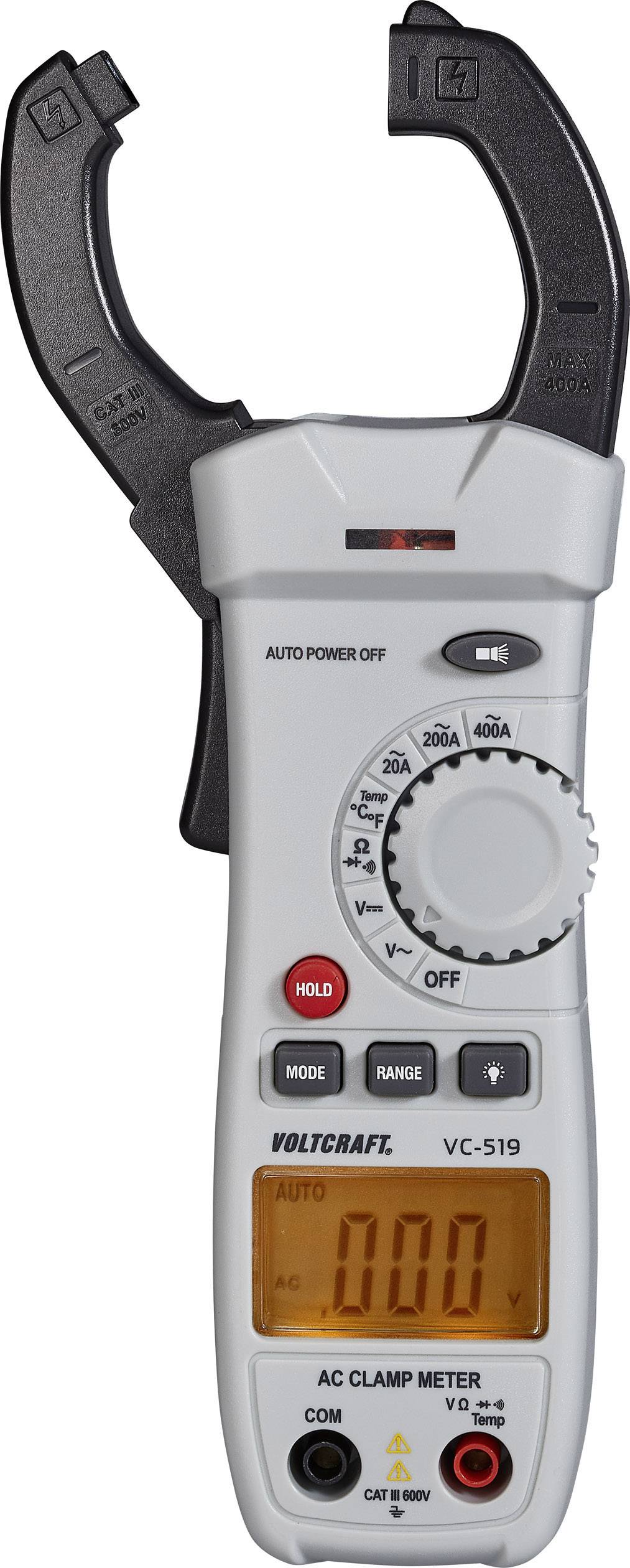 Ein digitales Strommessgerät mit Zangen-Sensor und Display, das Spannungs- und Strommessungen anzeigt, Modell VOLTCRAFT VC-S19.