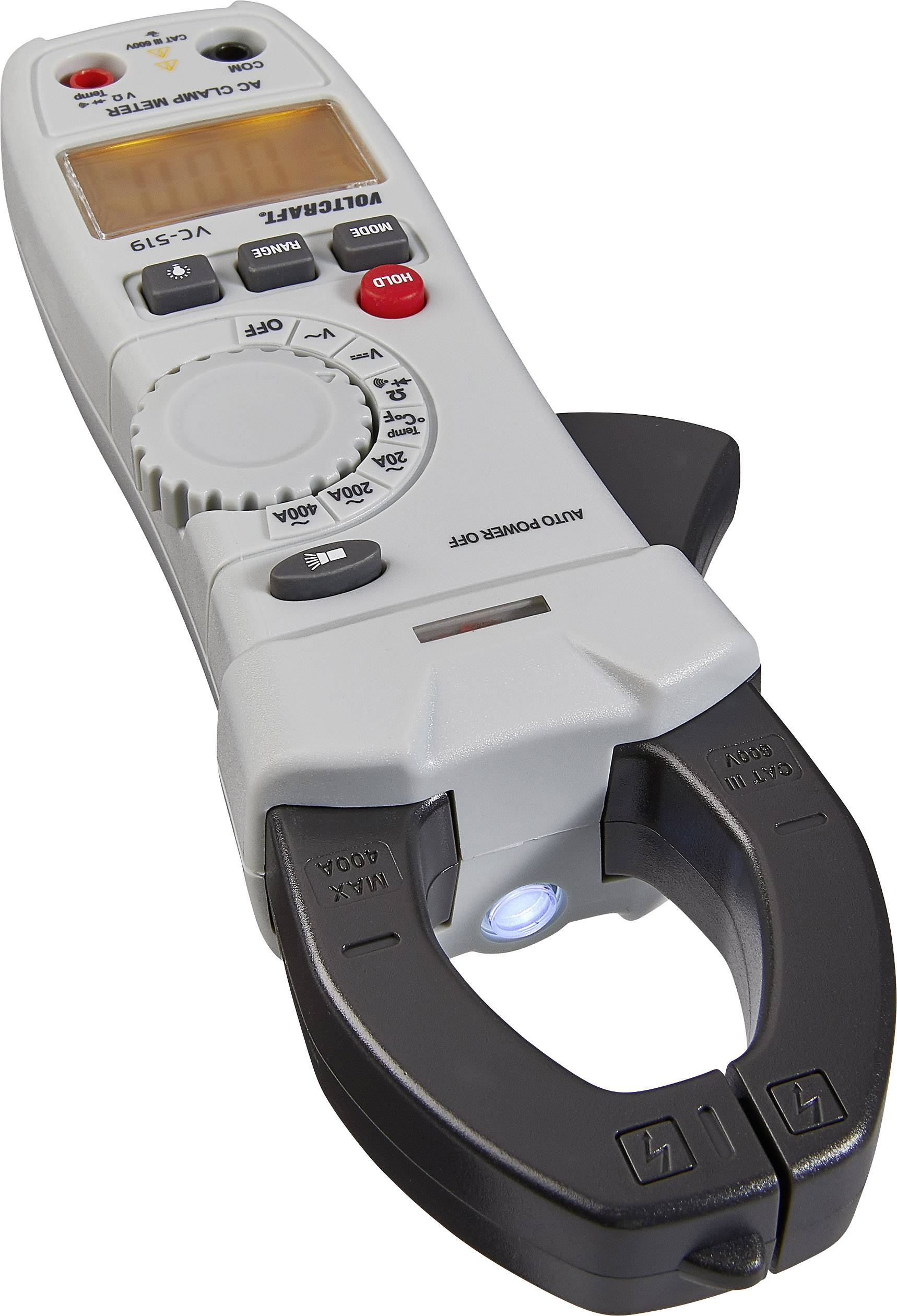 Digitales Zangenmultimeter in grauer Farbe, ausgestattet mit Drehregler und LED-Anzeige, für Strom- und Spannungsmessungen.