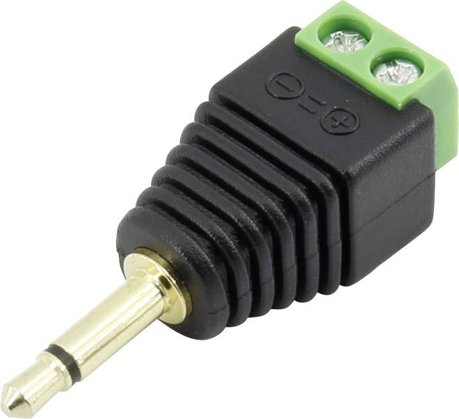 Ein schwarzer Adapter mit einem 3,5-mm-Klinkenstecker und einer grünen zweipoligen Schraubklemme.