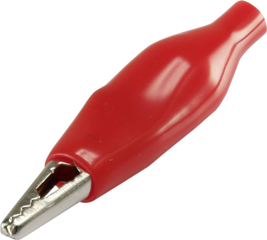 Rote Krokodilklemme aus Metall mit Kunststoffbeschichtung, verwendet zur temporären Verbindung von elektronischen Bauteilen.
