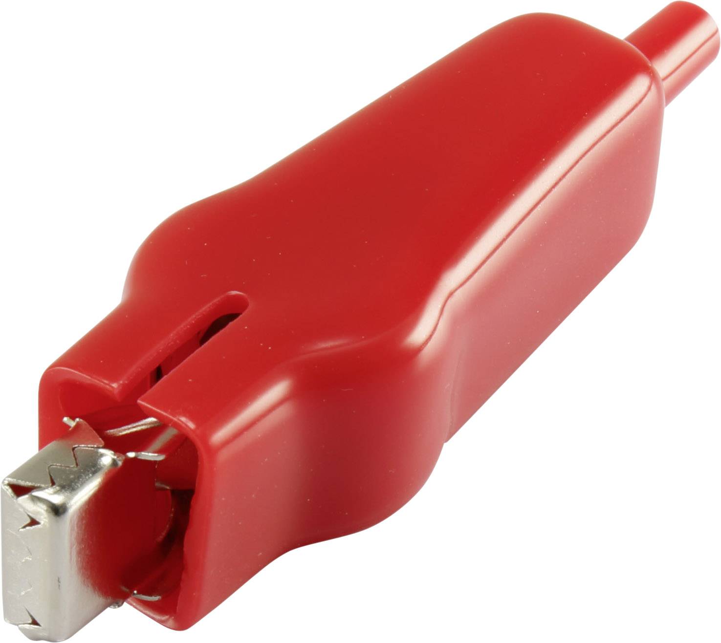 Rotes Krokodilklemme mit Metallzange, häufig für elektrische Verbindungen genutzt, vor weißem Hintergrund.