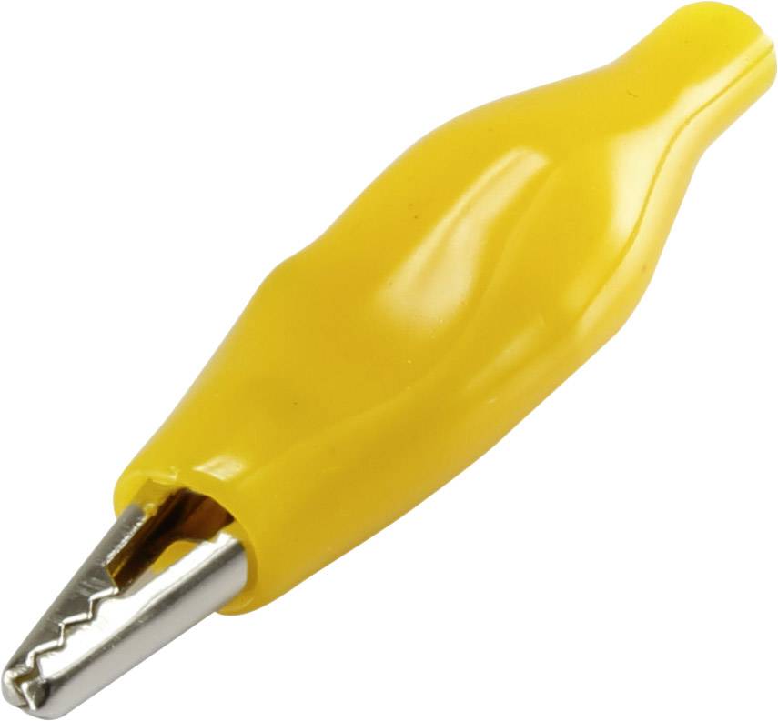 Eine gelbe Krokodilklemme mit Metallzähnen, oft genutzt in elektrischen Anwendungen für temporäre Verbindungen.